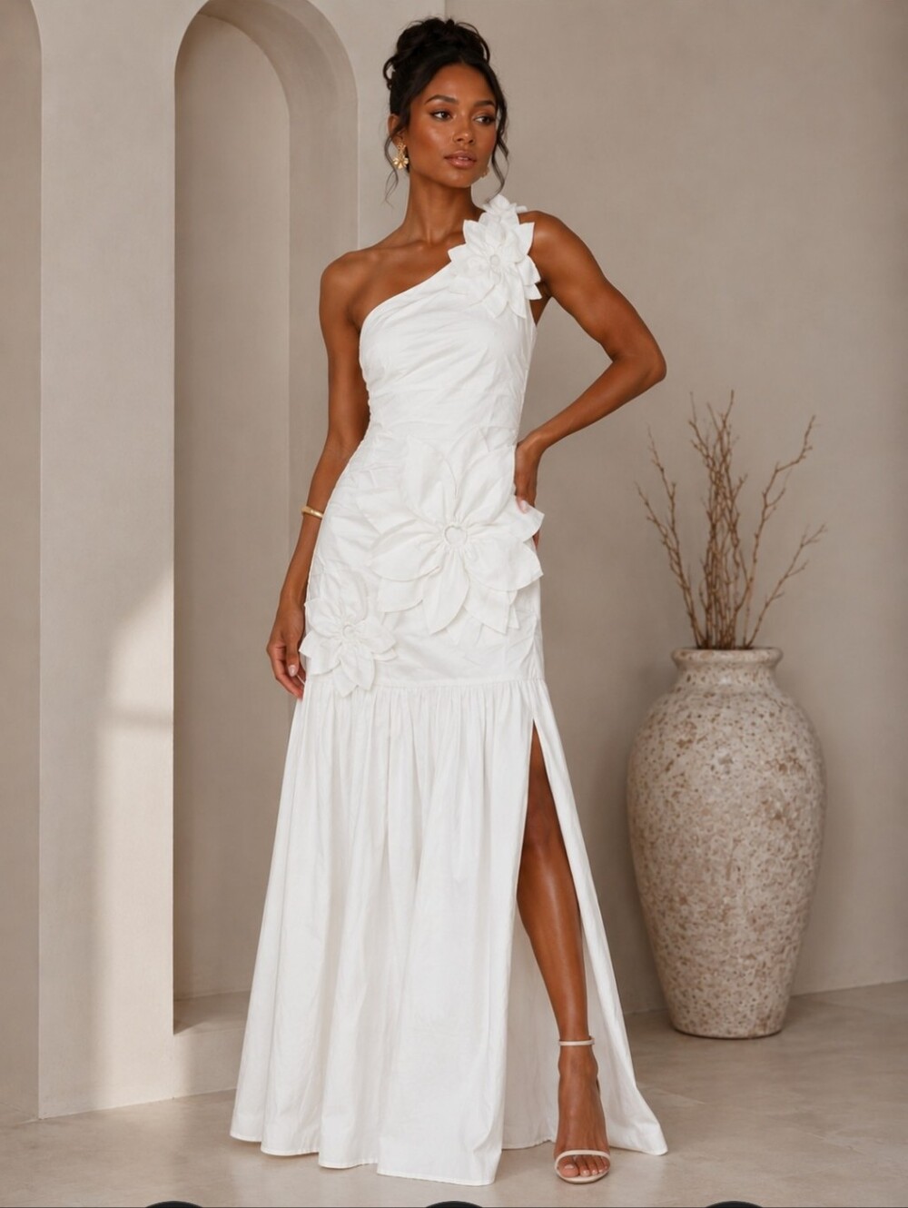 Sur Belle One-Shoulder White Floral Appliqué Maxi Dress